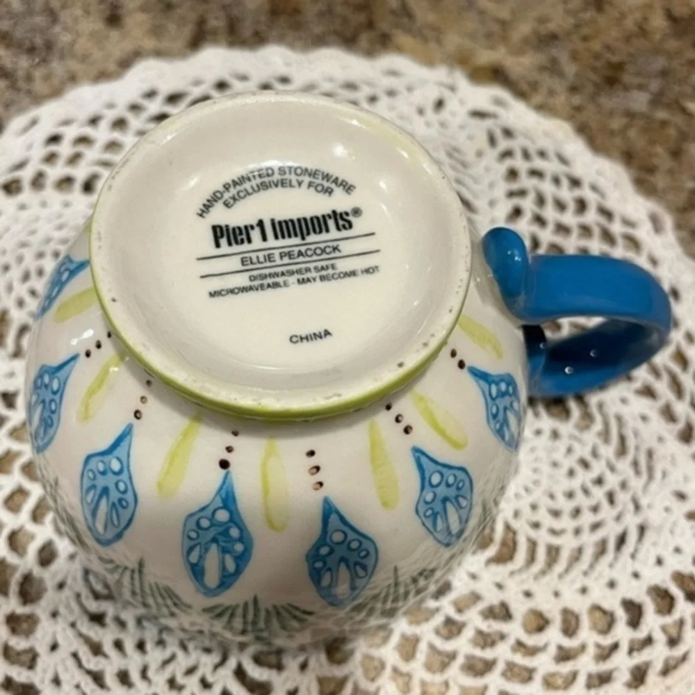 Pier 1 Imports Blue Peacock Hand Painted Stoneware Mug